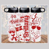 white water bottle showing all sides of the bottle - filled with red and white hearts, stars, sunglasses, peace signs, camp name 'Pontiac' and zip code, with the name Brittany big in red down the center of the water bottle. 