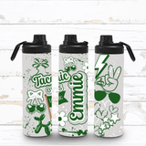 grey water bottle showing all sides of the bottle - filled with green and white hearts, stars, sunglasses, peace signs, camp name 'Taconic' and zip code, with the name Emmie big in green down the center of the water bottle. 