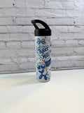 grey water bottle with blue and white cherries, dog, bows, camp name 'Tyler Hill' in blue. 