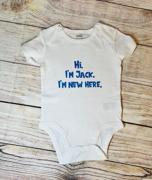 Hi. I'm New Here. Personalized Baby Bodysuit